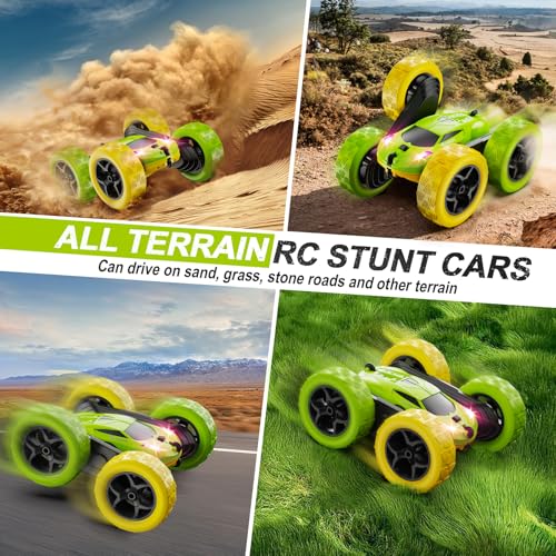 QUNREDA Remote Control Car, RC Car Toys for 6-12 Year Old Boys, Off Road RC Stunt Car 4WD 360° Rotating Remote Control Car for Kids, Boys Girls Gifts for Birthday, Christmas Yellow&Green - color: Yellow&green