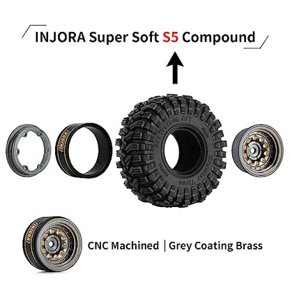 INJORA Brass 1.0 Beadlock Wheel Tires Set for 1/24 1/18 RC Crawler (Grey) - color: Grey