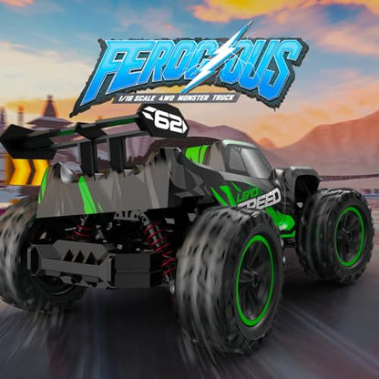 POCO DIVO 4WD Monster Truggy, 1/16 Ferocious RC Truck, 30kmph Radio Remote Control Racing Speed Sports Car, 4x4 Offroad Metal Gear Buggy, 12” Large All Terrain LED Vehicle with Rear Wing Spoilers