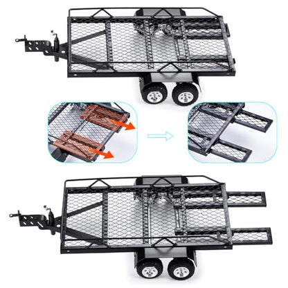 RC Trailer for Hauling Behind Car with Hook for 1/24 SCX24 FCX24 | Metal Flatbed Hitch Mount Trailer RC Crawler Car Heavy Duty Truck Trailer Upgrades