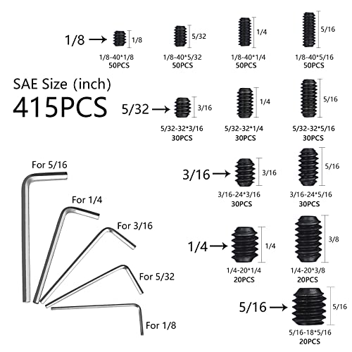 1000pcs Metric + SAE Set Screw Assortment Kit, Internal Hex Drive Cup-Point Allen Screws Set 12.9 Class Alloy Steel Grub Screw (M3-M8, 1/8"-40 to 5/16"-18) - color: Black Set Screws 1000PCS