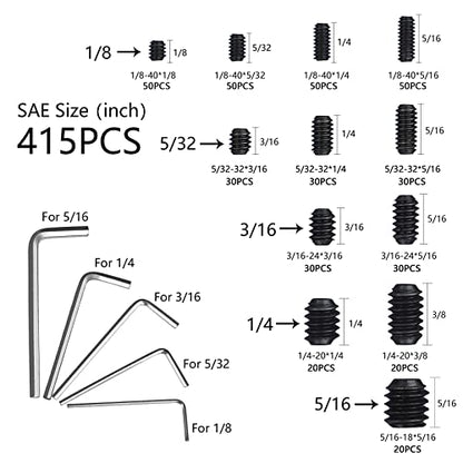 1000pcs Metric + SAE Set Screw Assortment Kit, Internal Hex Drive Cup-Point Allen Screws Set 12.9 Class Alloy Steel Grub Screw (M3-M8, 1/8"-40 to 5/16"-18) - color: Black Set Screws 1000PCS