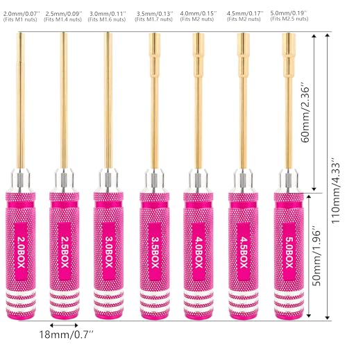 7 Pieces Hex Screwdriver Set 2.0/2.5/3.0/3.5/4.0/4.5/5.0mm RC Socket Wrench Kit Nut Drive for Traxxas Redcat Axial SCX24 Quadcopter Helicopter FPV Drone Car - RC Nut Removal Tools (Pink)