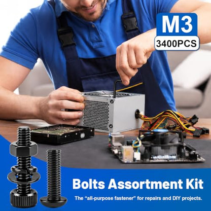 3400PCS M3 Hex Socket Button & Cap Head Screws Kit 12.9 & 10.9 Steel | Black Zinc Plated Machine Bolts and Nuts, Flat & Spring Washer, M3x4/6/8/10/12/16/20/25/30/35mm for DIY Repair 3D Printer - size: G12.9 M3 3400PCS