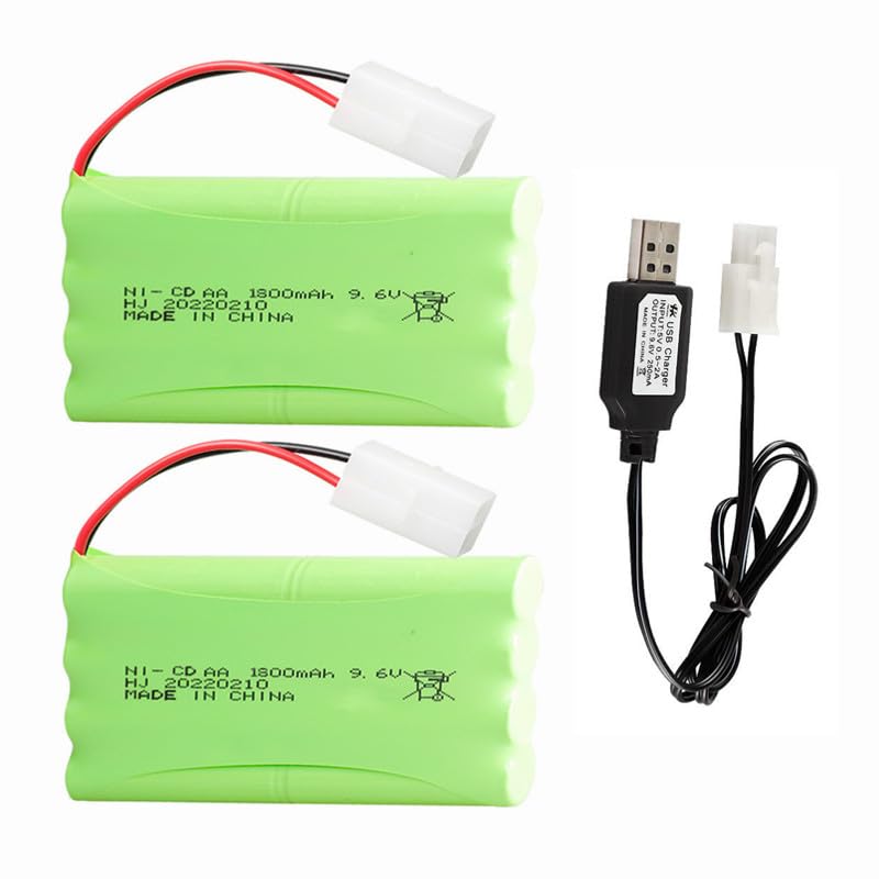 9.6V 1800mAh NiCd Rechargeable Battery with KET-2P Fit for Nerf terrascout Robot 1984 New Bright D-10 Bulldozer Tyco Scorcher 9420 RC Toy Car Truck with USB Charger