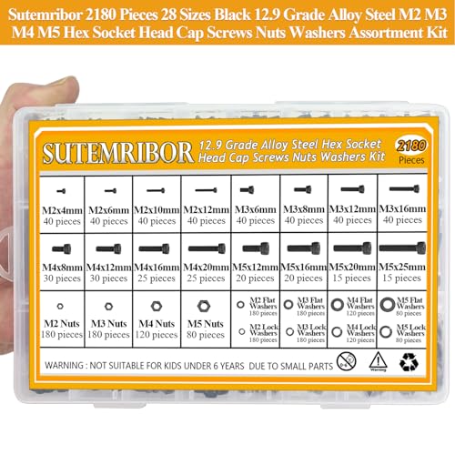 2180 Pieces Black M2 M3 M4 M5 Hex Socket Head Cap Screws Nuts Washers Assortment Kit, Metric Screw Assortment with Hex Wrenches, 12.9 Grade Alloy Steel, Fully Threaded - size: M2/M3/M4/M5, style: Socket Head