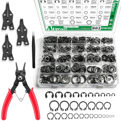 802PCS Snap Rings Assortment Kit, E Clips Assortment Kit (1.5MM-10MM) and C Clips Assortment Kit (4MM-28MM), 31 Sizes Alloy Steel Snap Ring Kit with 5PCS Snap Ring Plier and 1PCS Tweezer - color: Black Carbon Steel, size: 802pcs E-clips+c-clips With Plier