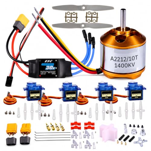 DIY RC Airplane Kit A2212 KV1400 Motor, 30A ESC, 4 Servos, 2 Propellers | Complete kit includes 4 SG90 servos, XT60 connector, motor mount, Z-bend linkages, and all required linkage hardware. - size: (Complete) KV1400