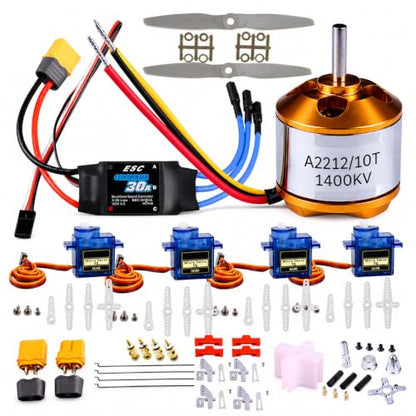 DIY RC Airplane Kit A2212 KV1400 Motor, 30A ESC, 4 Servos, 2 Propellers | Complete kit includes 4 SG90 servos, XT60 connector, motor mount, Z-bend linkages, and all required linkage hardware. - size: (Complete) KV1400