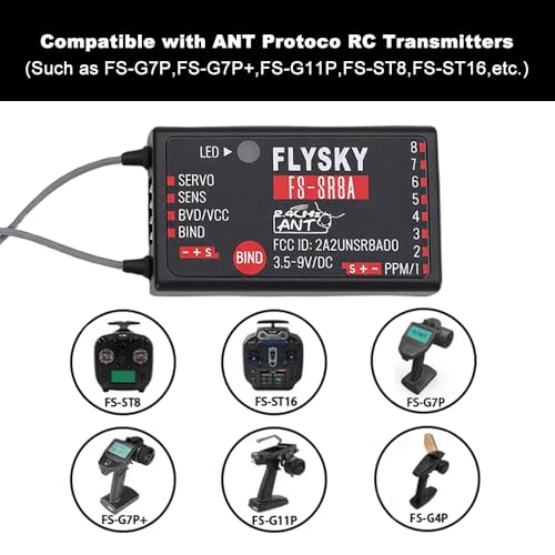 GoolRC Flysky FS-SR8A Receiver, 2.4GHz 8 Channel Receiver ANT Protocol Dual Antennas Compatible with Flysky FS-ST8 FS-ST16 FS-G7P FS-G7P+ FS-G11P RC Transmitter for RC Airplane Car Boat