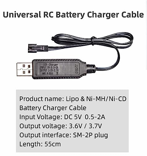 Smart Universal RC Charger Cable with SM-2P Connector Plug for 3.7V 1S Lipo Battery & 3.6V 3S Ni-MH/Ni-CD Battery Pack, Compatible RC Car/Boat/Plane/Drone/Tank/RC Helicopters