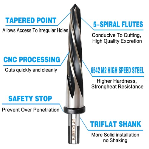 3/4” Bridge Construction Reamer Drill Bit, M2 HSS Taper Chucking Reamer for Steel Alloy Metal Wood Plastic, 1/2" Non-Slip Shank, 5-Spiral Flutes Car Reamer, to Align or Enlarge Holes, 19mm - size: 3/4”