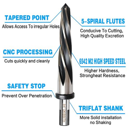3/4” Bridge Construction Reamer Drill Bit, M2 HSS Taper Chucking Reamer for Steel Alloy Metal Wood Plastic, 1/2" Non-Slip Shank, 5-Spiral Flutes Car Reamer, to Align or Enlarge Holes, 19mm - size: 3/4”