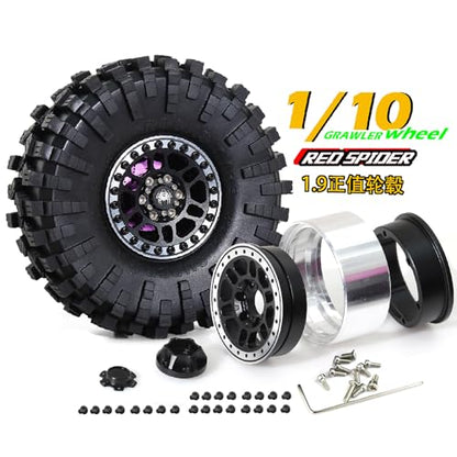 REDSPIDER 1.9 Beadlock Wheels and Tires Set（4PCS） Aluminum 1.9 Wheels All Terrain Tires.for 1/10 Scale Rock Crawler Car Axial SCX10 SCX10 II III 90047 D90 TF2 Tamiya CC01 TRX4 TRX6