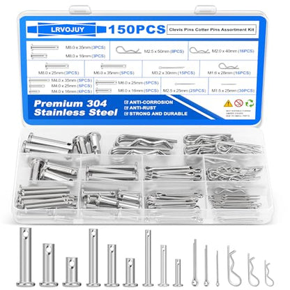 150PCS Premium 304 Stainless Steel Clevis Pins Cotter Pins R Clips Assortment Kit, 15 Sizes Single Hole Flat Head Cotter Clips Fasteners for Trailer Hitch, Automotive, Machinery Use - size: 150Pcs - 15 Sizes