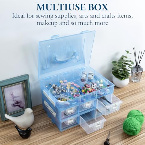 MyGift 11 Inch Sky Blue Transparent Arts and Crafts Sewing Supplies Storage Organizer Case with White Accents, 24 Customizable Compartments, 6 Drawers Removable Dividers - color: Aqua Blue
