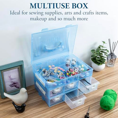 MyGift 11 Inch Sky Blue Transparent Arts and Crafts Sewing Supplies Storage Organizer Case with White Accents, 24 Customizable Compartments, 6 Drawers Removable Dividers - color: Aqua Blue