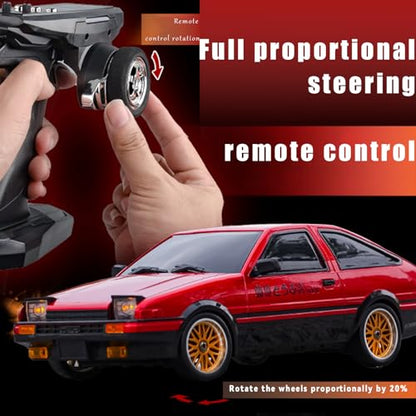 FLYCOLOR 1:18 AE86 Model LD1801 RC Drift Car 1/18 2.4G Remote Control on Road ESP Gyroscope LED Mini RC Racing Cars (Red) - color: Red