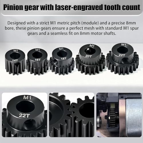 M1 8mm Steel Pinion Gear Set 14T 16T 18T 20T 22T with Laser-Engraved Tooth Count for 1/5 X-Maxx Rc Model Car Buggy Truck Replacement Mod 1 Gear Compatible with Brushed & Brushless Motors 5 Pcs - size: M1-8-14T-16T-18T-20T-22T