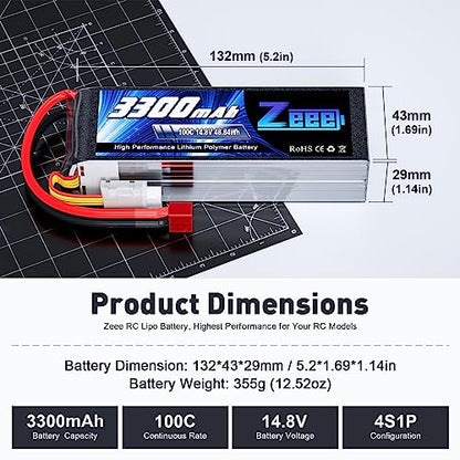Zeee 4S Lipo Battery 3300mAh 14.8V 100C Soft Pack RC Battery with T Plug for RC Airplane Helicopter RC Boat UAV Drone FPV RC Car Truck Boat(2 Pack)