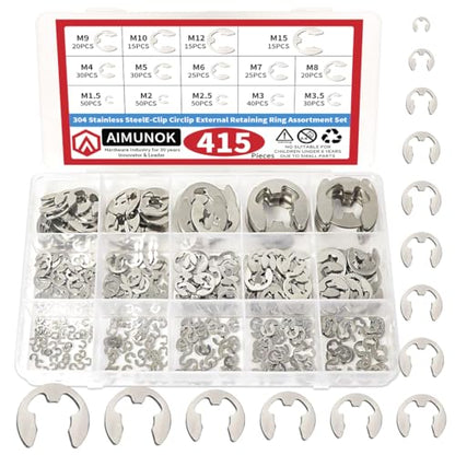 415Pcs E-Clip External Retaining Rings Snap Rings Assortment Set, 304 Stainless Steel C-Clip Kit, 14 SAE Sizes Circlip Snap Rings M1.5- M15 - size: 415pcs E-clip 304 Stainless Steel