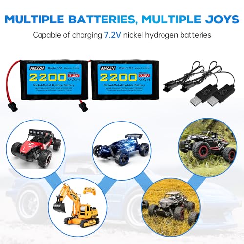 2PCS 7.2V 2200mah AA NiMH Battery with SM-2P Plug and 2PCS USB Charging Cable for Huina 1550 550 RC Excavator, Car, Truck, Engineering Vehicle, TR-211 RC Toy Car Battery