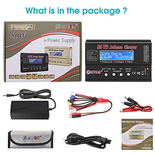 LiPo Battery Charger RC Car Balance Charger, 1S-6S Digital Discharger Battery Pack Charger 80W 6A for Li-ion Life NiCd NiMH LiHV PB Smart Battery,Deans Connectors + Power Supply