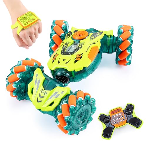 A ALPHA Gesture Remote Control Car, RC Stunt Car with 360° Flips 2.4GHz 4WD Remote Control Toy with Lights Music Birthday Xmas Gift for Boys 5 6 7 8-12 Year Old - color: Gesture Green