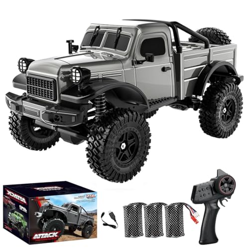 1/18 Scale RC Pickup Truck for Adult, 2.4GHz 4WD Off-Road Remote Control Drift Car, RC Rock Crawler with LED Lights, 12km/h High Speed & Waterproof ESC - color: Grey, size: 3 Battery