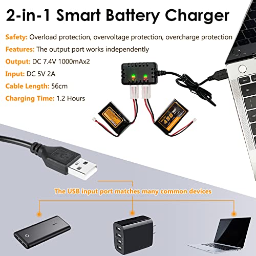 7.4V Lipo Battery 450mAh 2S 30C Rechargeable Lipo Battery with PH2.0 Plug SCX24 Small Lipo Battery Fit for Most 1/10, 1/16, 1/18, 1/24 Scale RC Cars Trucks with 1to2 USB Charger
