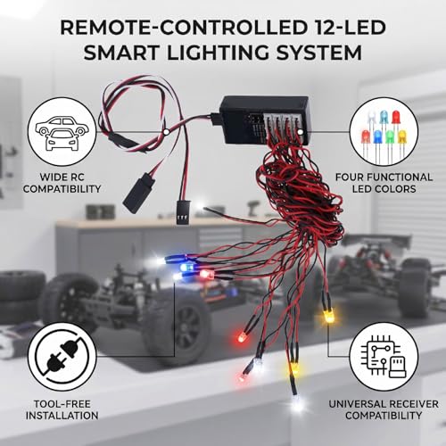 Drfeify RC Lights, 12 LED RC Lighting Kit Headlight Taillight Brake Light Turn Signal with Remote Control for 1/10 1/8 Car Truck Crawler