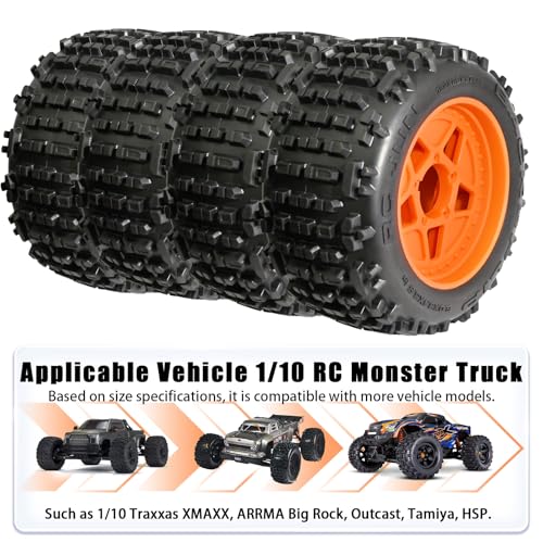 3.8" MT Monster Truck All Terrain Tires with Foam Insert - 17mm/14mm/12mm Hex Adapters Included for TRAXXAS Sledge ARRMA Kraton Outcast Tamiya HSP (Set of 4) Replacement Part of AR510092 - color: Orange