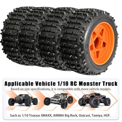 3.8" MT Monster Truck All Terrain Tires with Foam Insert - 17mm/14mm/12mm Hex Adapters Included for TRAXXAS Sledge ARRMA Kraton Outcast Tamiya HSP (Set of 4) Replacement Part of AR510092 - color: Orange