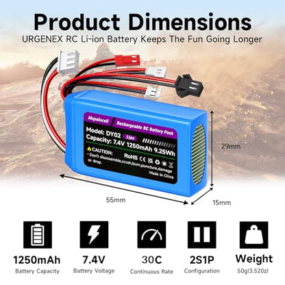 7.4V Lipo Battery 2S 30C 1250mAh with JST&PH2.0&MX2.0&SM2.0 Plug Connector and USB Charger for SCX24 CR18P FCX18 FCX24 RC Crawler WLtoys A949 K929 and 1/10, 1/16, 1/18, 1/24 RC Car/Boat/Airplane