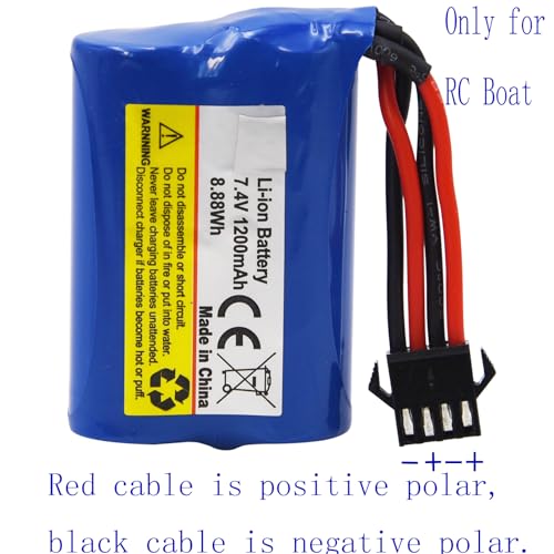 Blomiky 2 Pack 7.4V 1200mAh Li-ion Rechargeable Battery with SM-4P Connector Plug and USB Cable Replacement fit for HONGXUNJIE HJ808 HJ823 2.4GHz RC Boat / HJ808