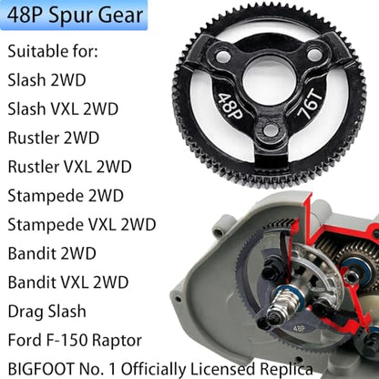 RC 48P 76T Spur Gear Hardened Steel Spur Gear Upgrades Part for Traxxas 1/10 Slash Stampede Rustler Bandit 2WD VXL XL-5 F-150 SVT, (76T) - size: 48P-Spur Gear-76T