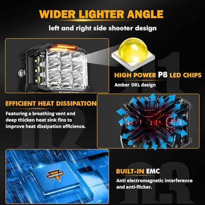 Auxbeam V-MAX Series 5" 168W LED Cube Pod 270° Side Shooter Fog Light Pods | Spot Flood Combo, Pod Light with DRL, 168W 16440LM Light Output, 3 Lighting Modes, Amber Covers, Auxiliary Ditch Lights - color: 5in Cube LED Pod