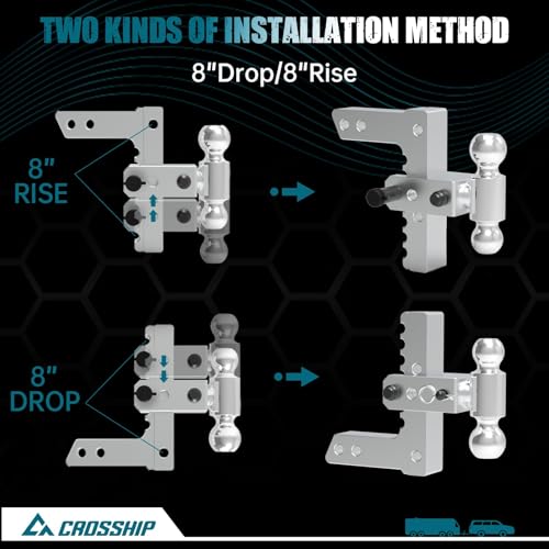 Adjustable Trailer Hitch - Heavy Duty Aluminum Drop Drawbar Hitch - Fits 2" Receiver, 8" Drop/Rise with 2" & 2-5/16" Solid Dual Balls 12,500 LBS GTW- for Truck, SUV, RV - color: Silver, size: 2" 8 Drop-Dual Ball