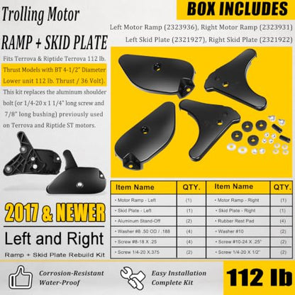 Motor Ramp & Skid Plate Kit For Minn Kota Terrova & Riptide Terrova 112 lb Thrust 4-1/2" Motors BT 2017 & Newer Models - Left and Right - Ramp + Skid Plate Rebuild Kit