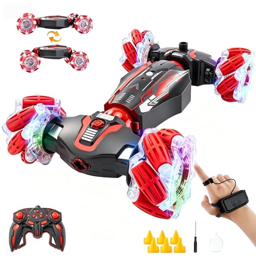Gesture Sensor RC Stunt Car, RC Twist Car Toy for Kids 5-12 | Dual control: gesture watch + remote. 4WD all-terrain, 360° flip drift, light and music. Good birthday gift for the boy. - color: L-deep Red