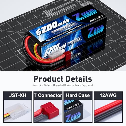 Zeee 3S Lipo Battery 6200mAh 11.1V 100C Hard Case RC Battery with T Connector for 1/8 1/10 Scale Vehicles RC Car Tank Trucks Boats(2 Pack)
