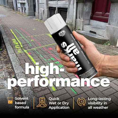 Fox Valley 18oz Marks All Solvent-Based Marking Paint Spray, 12-Pack White – Long-Lasting, Weather-Resistant Spray Paint for Wet or Dry Surfaces Like Metal, Grass, Concrete, Wood, & More - color: White