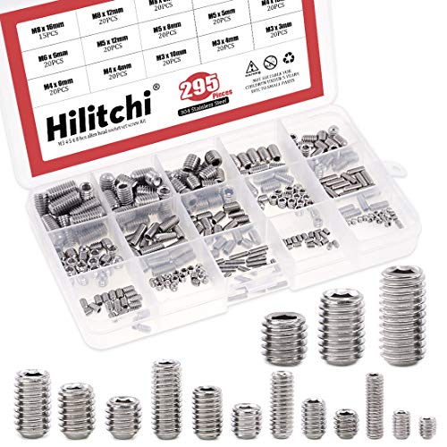Hilitchi 295Pcs M3/4/5/6/8 304 Stainless Steel Set Screw Assortment with Internal Hex Drive and Cup Point, Metric - color: Silver - Metric - 295pcs