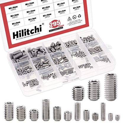 Hilitchi 295Pcs M3/4/5/6/8 304 Stainless Steel Set Screw Assortment with Internal Hex Drive and Cup Point, Metric - color: Silver - Metric - 295pcs