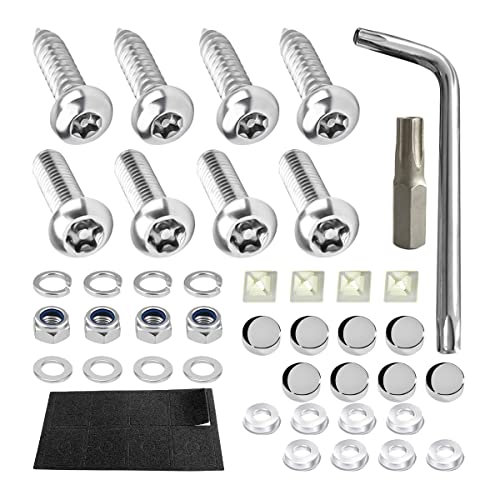 YALOK Anti Theft License Plate Screws, M6 Mounting Kit, Silver | 1/4x3/4 Inch, front/rear tag frames, caps/washers/nuts, tool bit, rattle pads, stainless hardware, automotive accessories