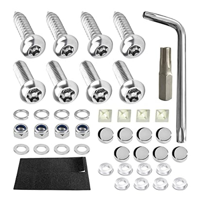 YALOK Anti Theft License Plate Screws, M6 Mounting Kit, Silver | 1/4x3/4 Inch, front/rear tag frames, caps/washers/nuts, tool bit, rattle pads, stainless hardware, automotive accessories