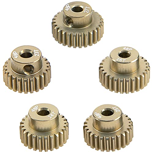 ShareGoo 7075 Aluminum Alloy 48P 3.175mm Pinion Gear Sets 23T 24T 25T 26T 27T Motor Gears Fit 3.175mm (1/8-Inch) Shaft Compatible with HPI Losi Axial Traxxas Tamiya 1/10 RC Car,5Pack