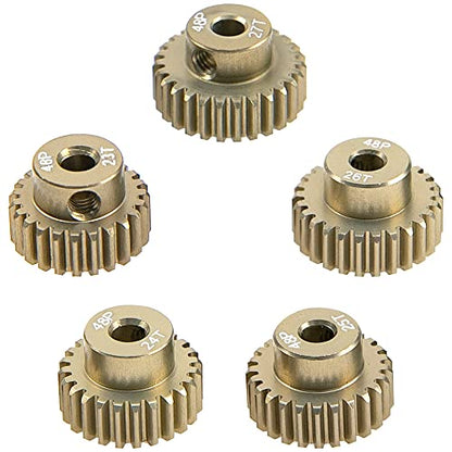 ShareGoo 7075 Aluminum Alloy 48P 3.175mm Pinion Gear Sets 23T 24T 25T 26T 27T Motor Gears Fit 3.175mm (1/8-Inch) Shaft Compatible with HPI Losi Axial Traxxas Tamiya 1/10 RC Car,5Pack