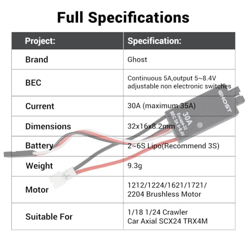 Ghost Brushless ESC 30A Electric Speed Controller with 5A BEC 5~8.4V for TRX4M 1/18 & SCX24 1/24 RC Crawlers Car with ESCape32 WiFi-Link Parameter Configuration Tool - color: 30A ESC