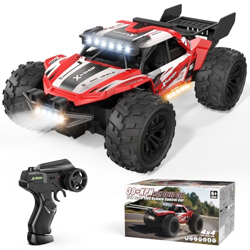 Remote Control Car, 4WD High Speed 30+KPH RC Cars for Boys Age 8-12, 2.4GHz RC Monster Truck Toys, 1:18 RC Truck with 2 Rechargeable Batteries & LED Lights, Birthday Gifts for Adults Kids